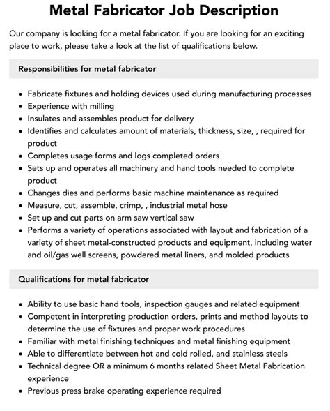 sheet metal fabricator job description|sheet metal fabrication job duties.